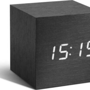 Tmavě šedý budík s bílým LED displejem Gingko Cube Click Clock. Nejlepší vtipy na světě na každý den.